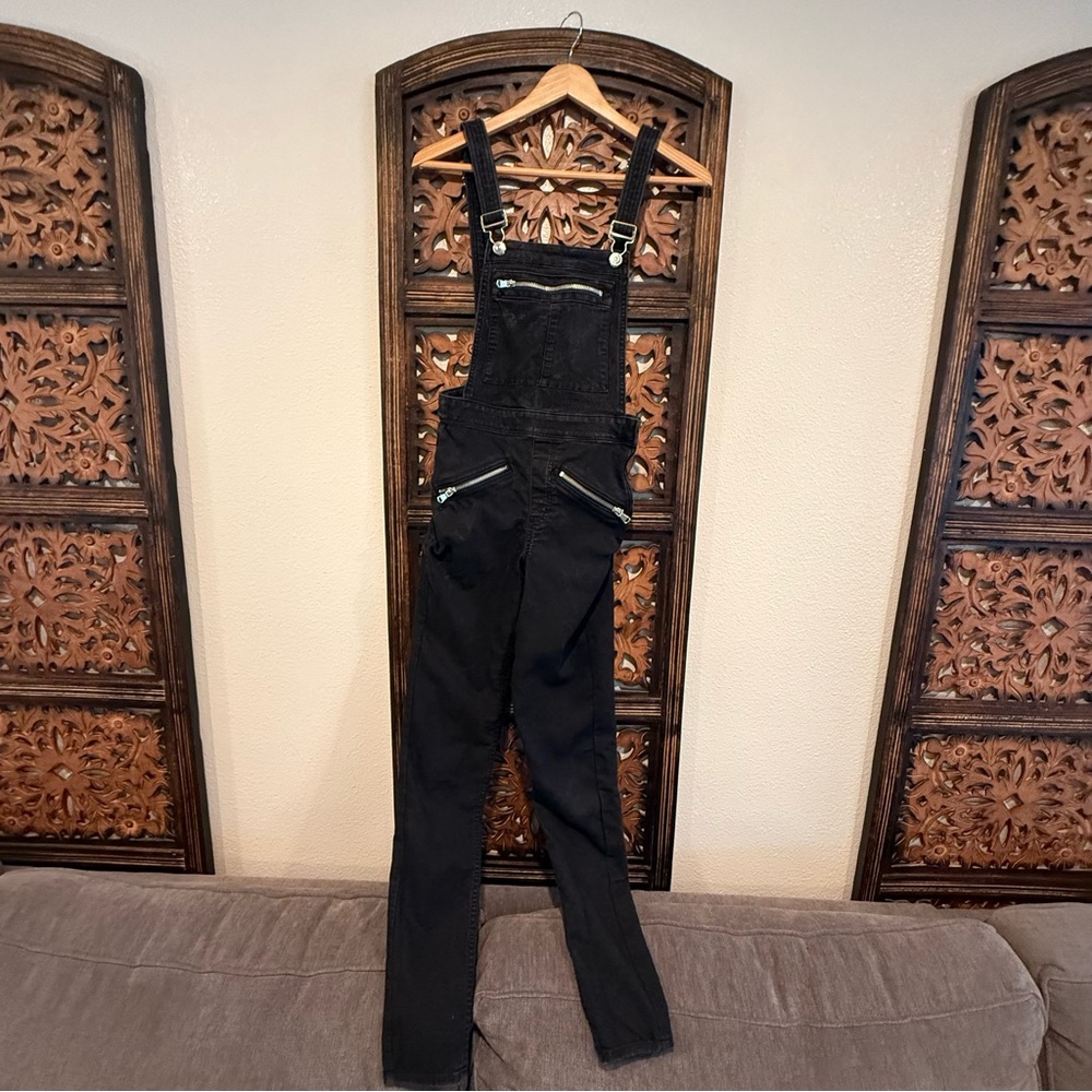 Divided Black Denim Overalls with Zip Pocket Accents